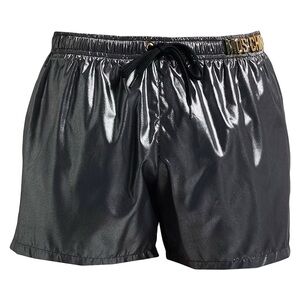 MOSCHINO SWIM SHORTS METALLIC GRAY WITH GOLD LETTERING SIDE LOGO